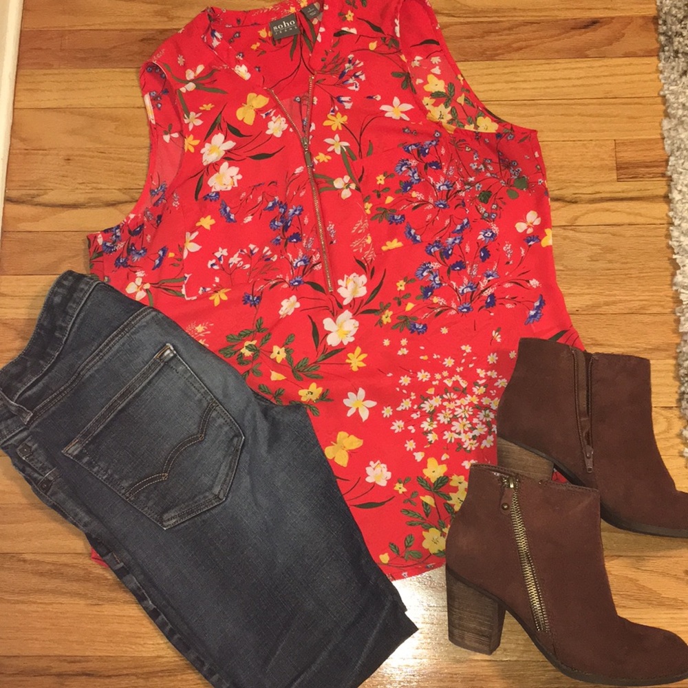 Red floral sleeveless blouse